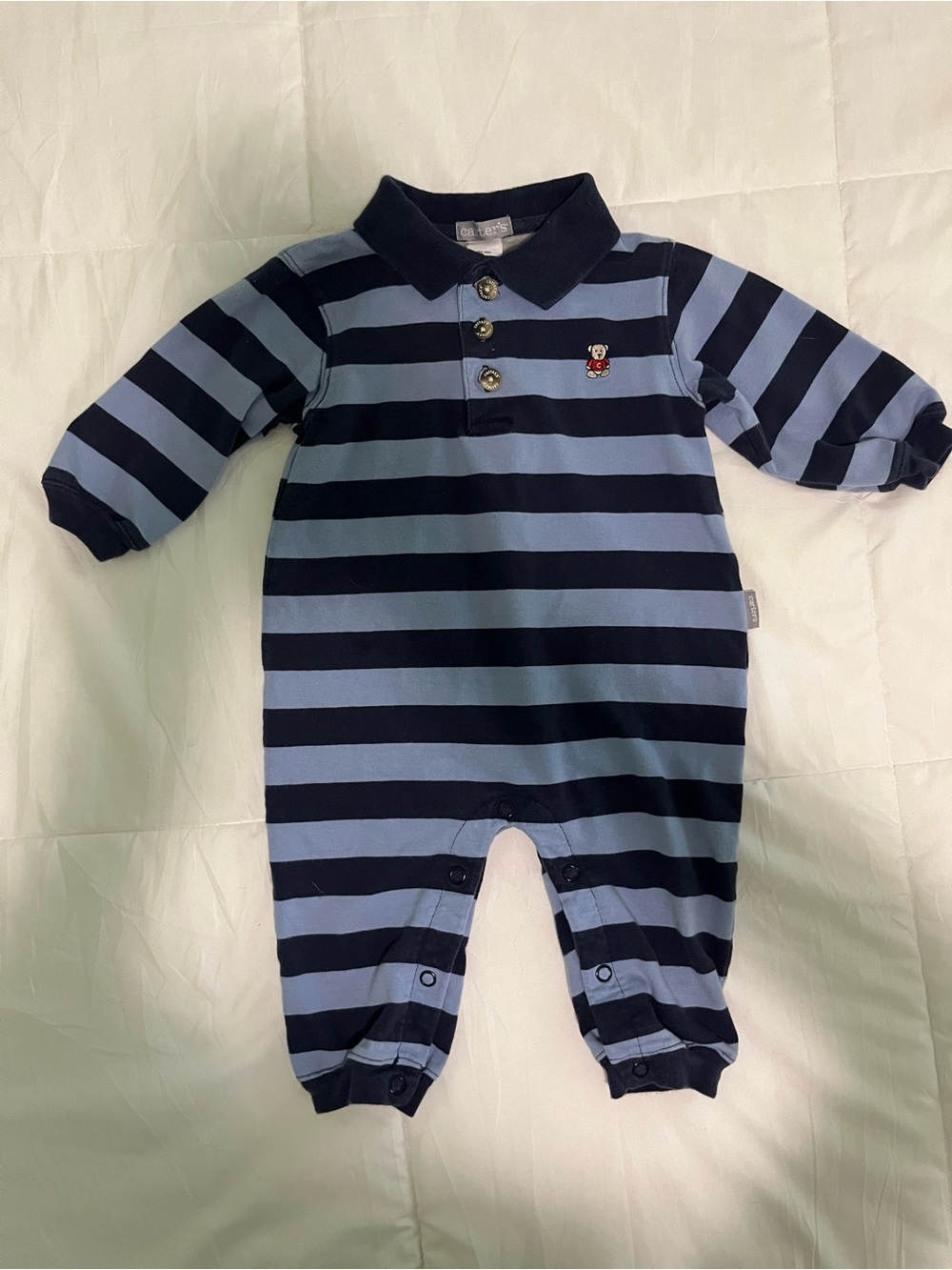 Carters Romper 12 mo Striped Long-Sleeve Polo One-Piece in Light Blue & Navy